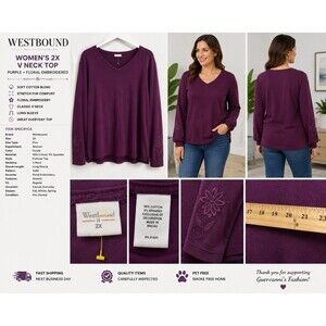 Westbound Woman Cotton Long Sleeve Blouse 2X Purple V Neck Floral Top Embroidere